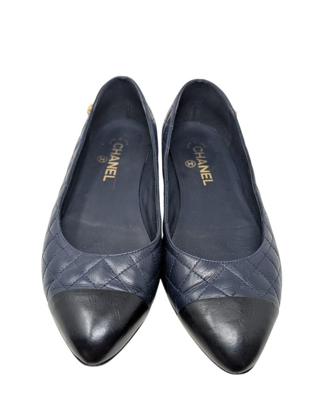 Chanel Navy Blue Quilted Cap Toe Camellia Charm Ballerina Flat Size EU 40.5 - Picture 2 of 10